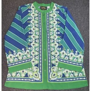 Bob Mackie Wearable Art Blouse Top Buttons Paisley Flowers Green Blue Small